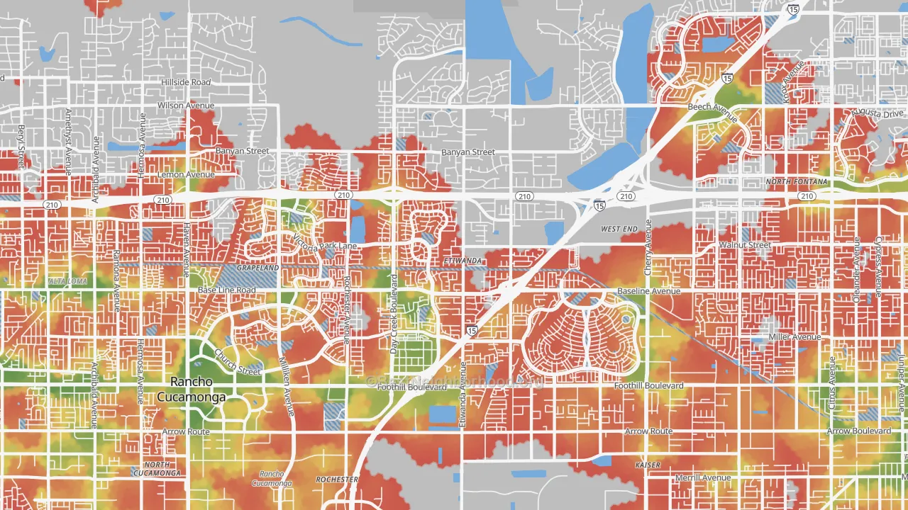 Walk Grade map of 91739, CA, walkable areas in green and car-dependent areas in red