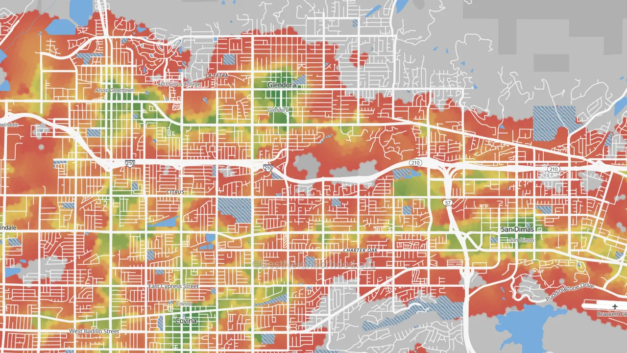 Walk Grade map of 91740, CA, walkable areas in green and car-dependent areas in red