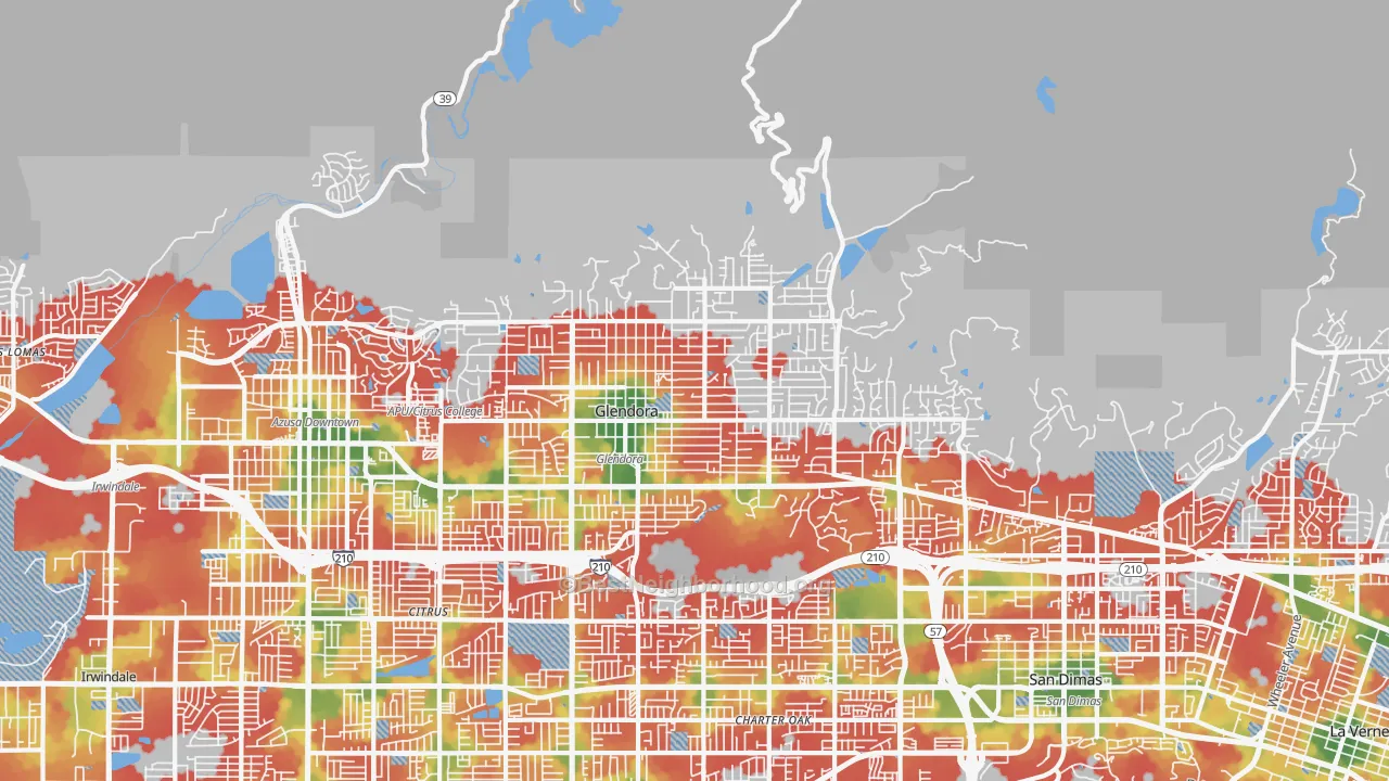 Walk Grade map of 91741, CA, walkable areas in green and car-dependent areas in red