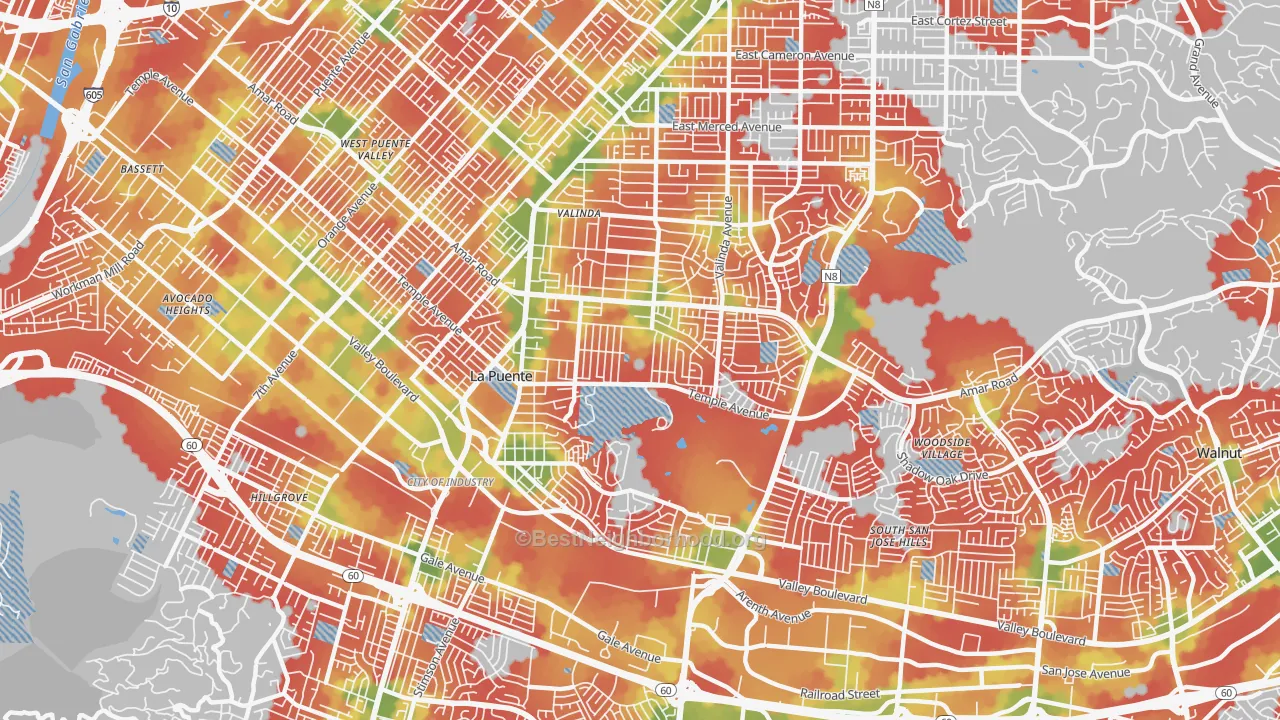 Walk Grade map of 91744, CA, walkable areas in green and car-dependent areas in red