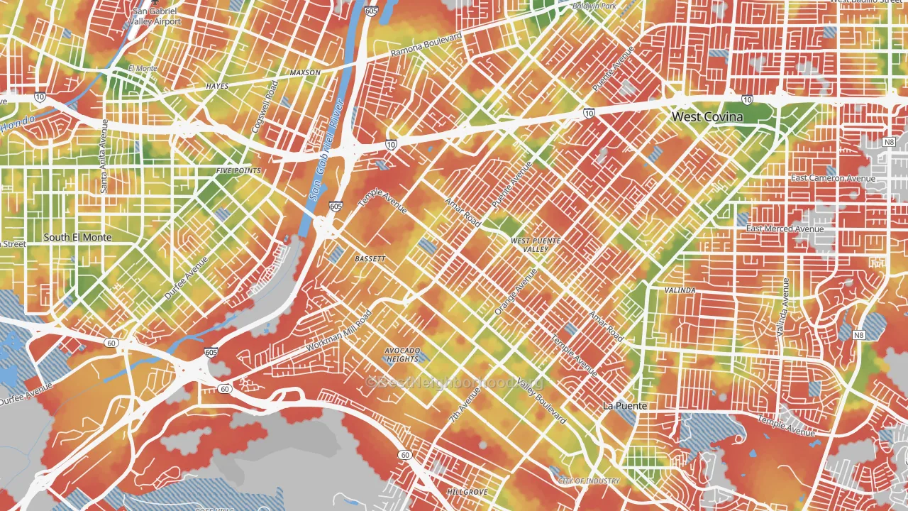 Walk Grade map of 91746, CA, walkable areas in green and car-dependent areas in red