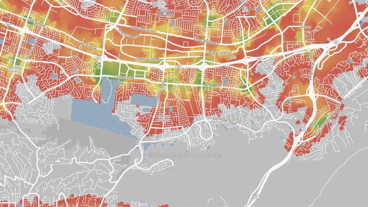 Walk Grade map of 91748, CA, walkable areas in green and car-dependent areas in red