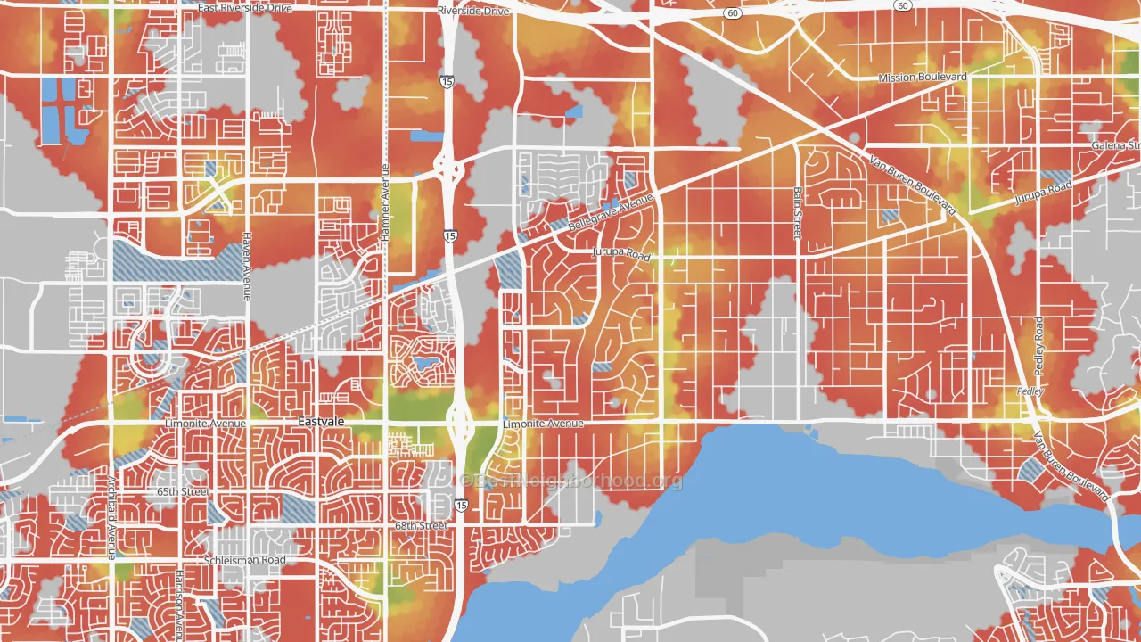 Walk Grade map of 91752, CA, walkable areas in green and car-dependent areas in red