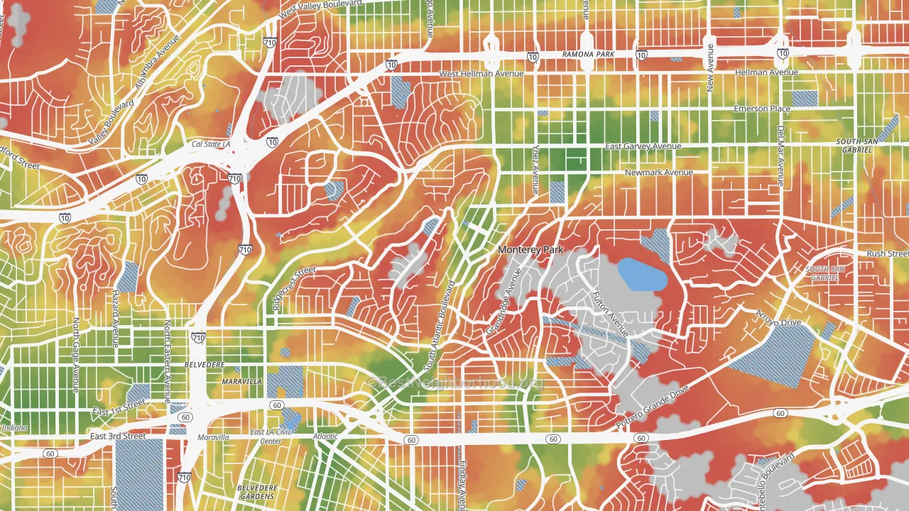 Walk Grade map of 91754, CA, walkable areas in green and car-dependent areas in red