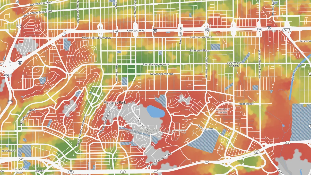 Walk Grade map of 91755, CA, walkable areas in green and car-dependent areas in red