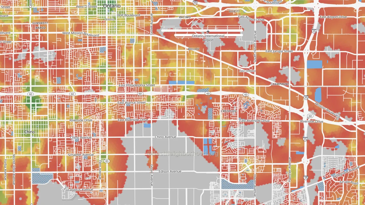 Walk Grade map of 91761, CA, walkable areas in green and car-dependent areas in red