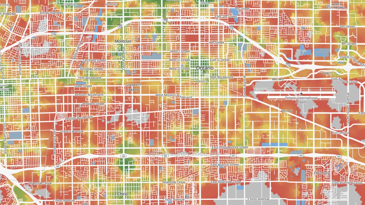 Walk Grade map of 91762, CA, walkable areas in green and car-dependent areas in red