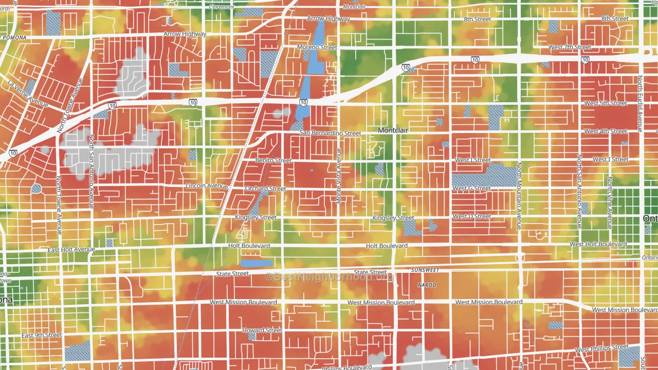 Walk Grade map of 91763, CA, walkable areas in green and car-dependent areas in red