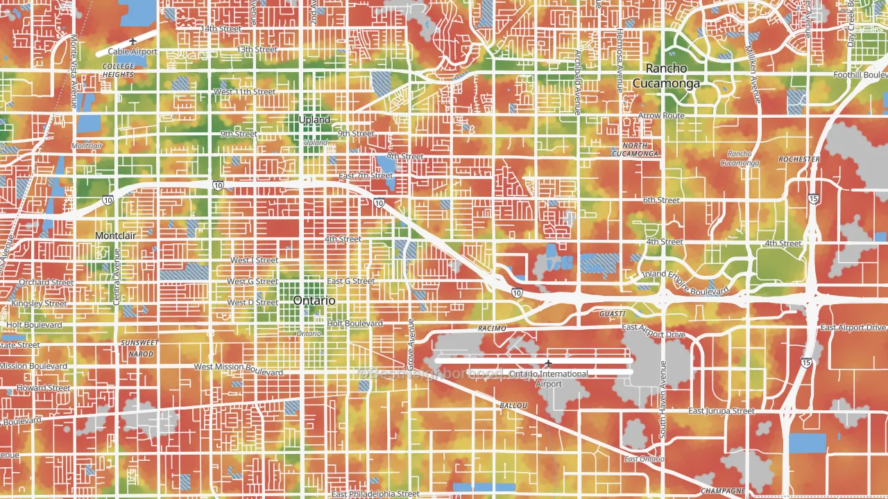 Walk Grade map of 91764, CA, walkable areas in green and car-dependent areas in red
