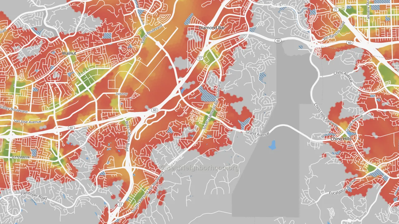 Walk Grade map of 91765, CA, walkable areas in green and car-dependent areas in red