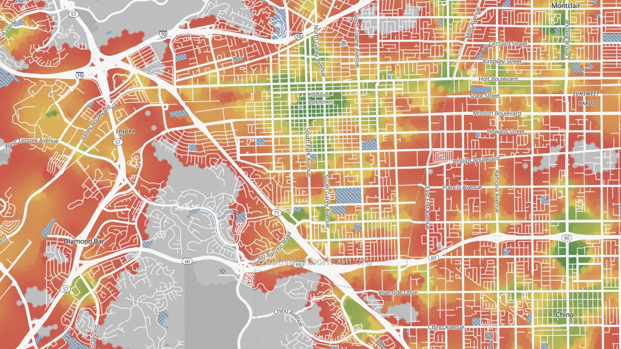Walk Grade map of 91766, CA, walkable areas in green and car-dependent areas in red