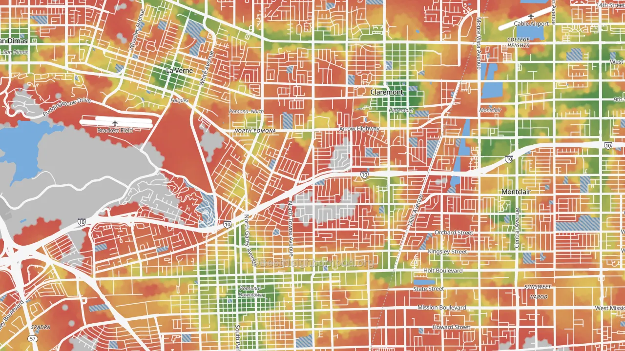 Walk Grade map of 91767, CA, walkable areas in green and car-dependent areas in red