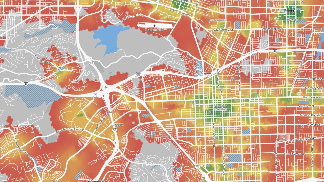 Walk Grade map of 91768, CA, walkable areas in green and car-dependent areas in red