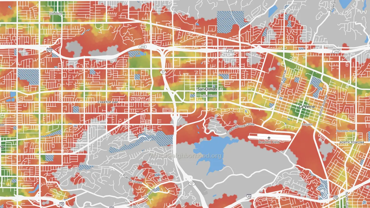 Walk Grade map of 91773, CA, walkable areas in green and car-dependent areas in red