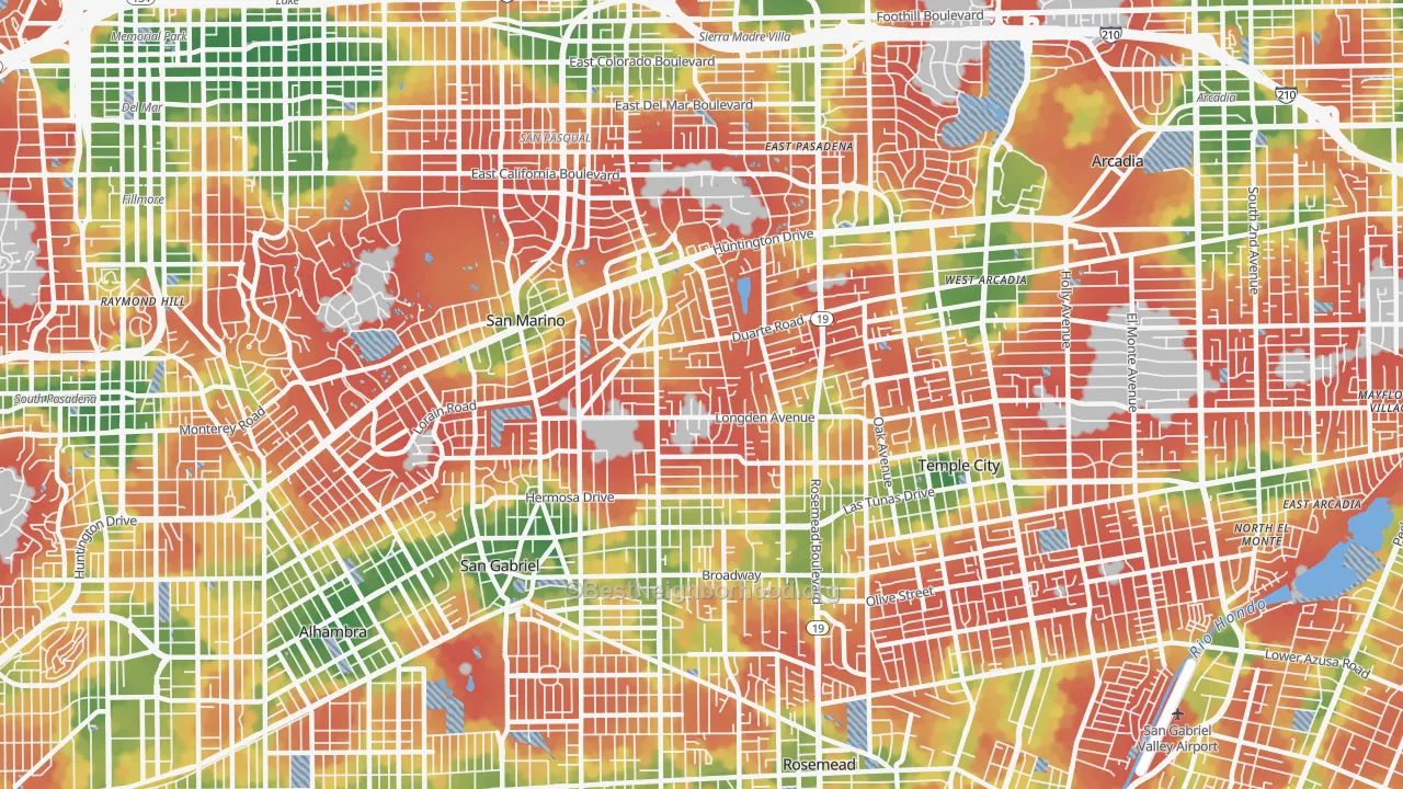 Walk Grade map of 91775, CA, walkable areas in green and car-dependent areas in red