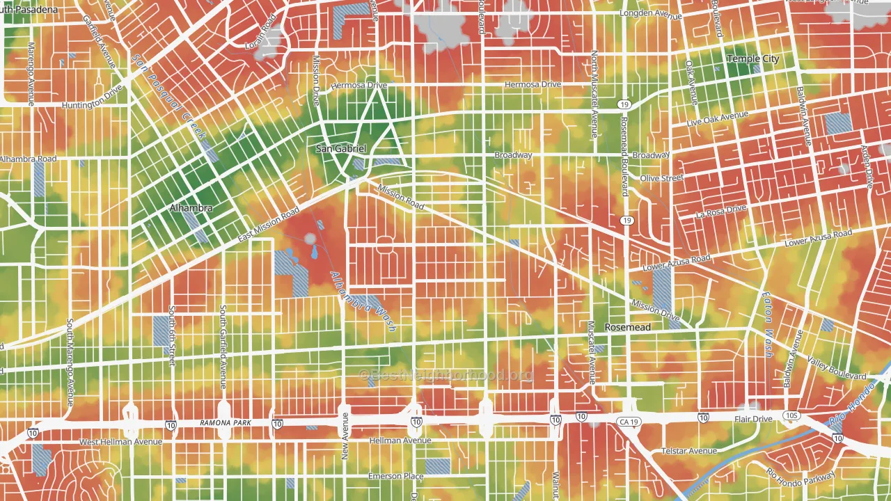 Walk Grade map of 91776, CA, walkable areas in green and car-dependent areas in red
