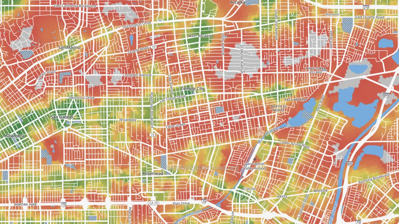 Walk Grade map of 91780, CA, walkable areas in green and car-dependent areas in red