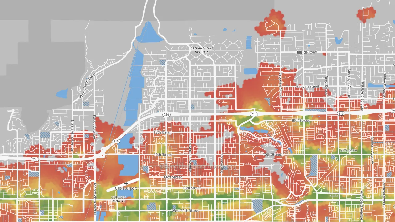 Walk Grade map of 91784, CA, walkable areas in green and car-dependent areas in red
