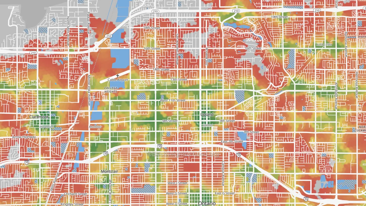 Walk Grade map of 91786, CA, walkable areas in green and car-dependent areas in red