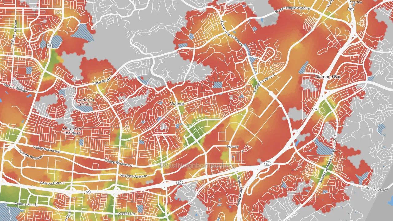 Walk Grade map of 91789, CA, walkable areas in green and car-dependent areas in red
