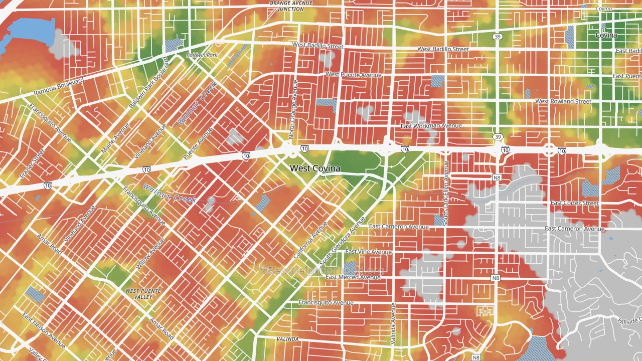 Walk Grade map of 91790, CA, walkable areas in green and car-dependent areas in red