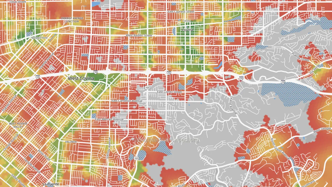 Walk Grade map of 91791, CA, walkable areas in green and car-dependent areas in red
