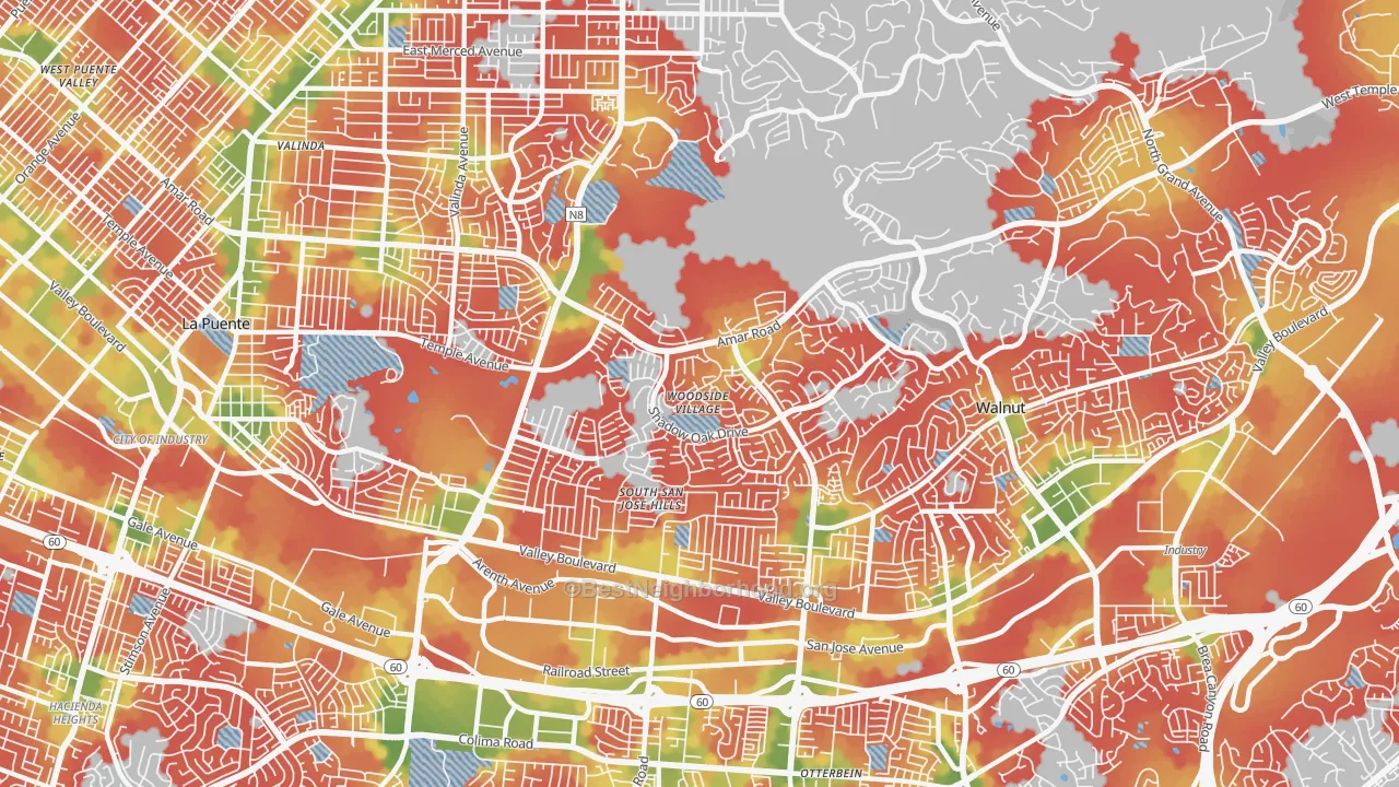 Walk Grade map of 91792, CA, walkable areas in green and car-dependent areas in red