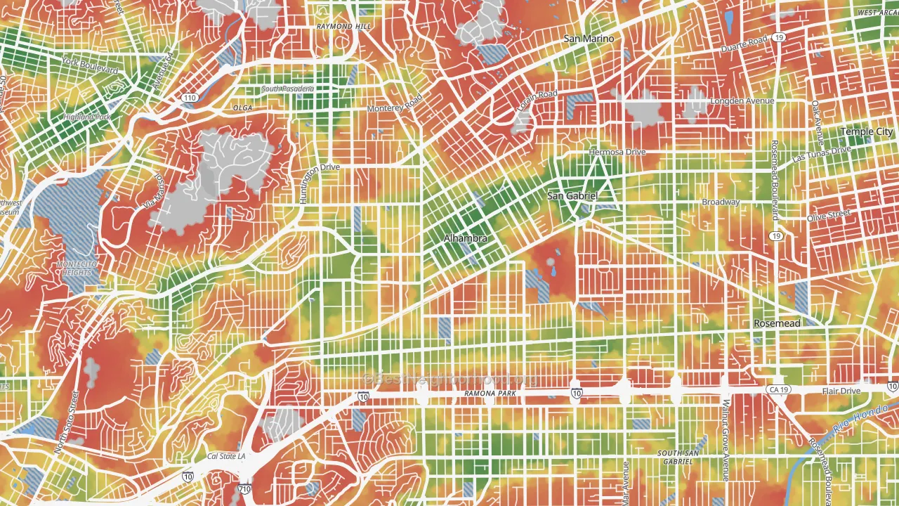 Walk Grade map of 91801, CA, walkable areas in green and car-dependent areas in red