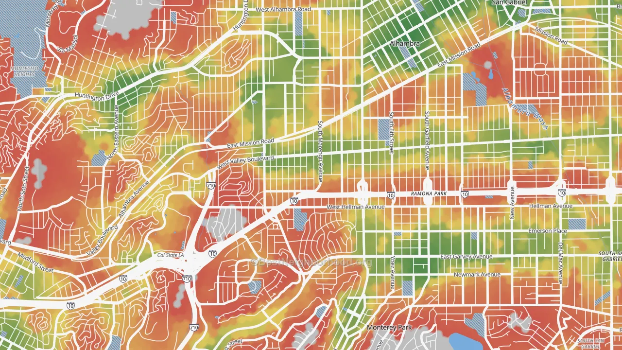 Walk Grade map of 91803, CA, walkable areas in green and car-dependent areas in red
