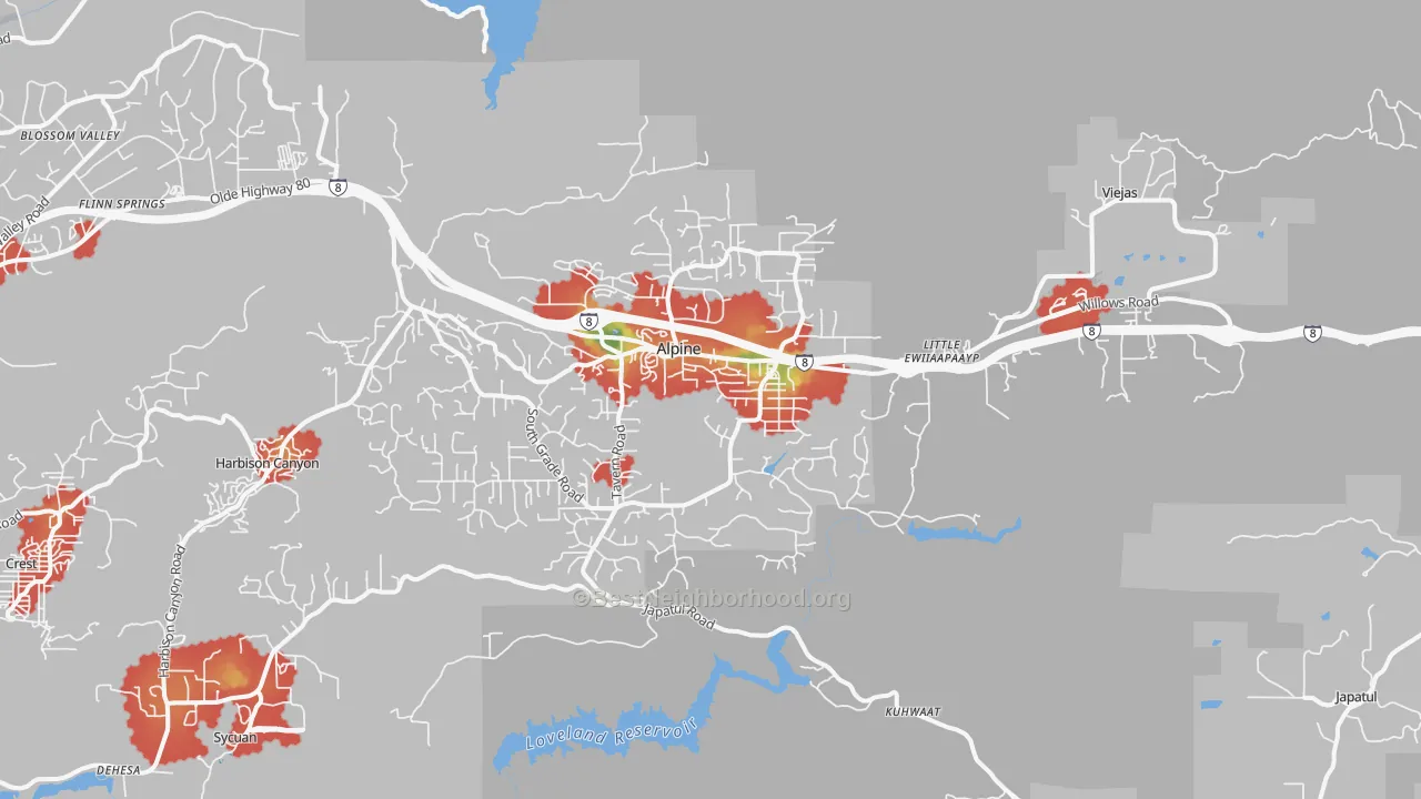Walk Grade map of 91901, CA, walkable areas in green and car-dependent areas in red