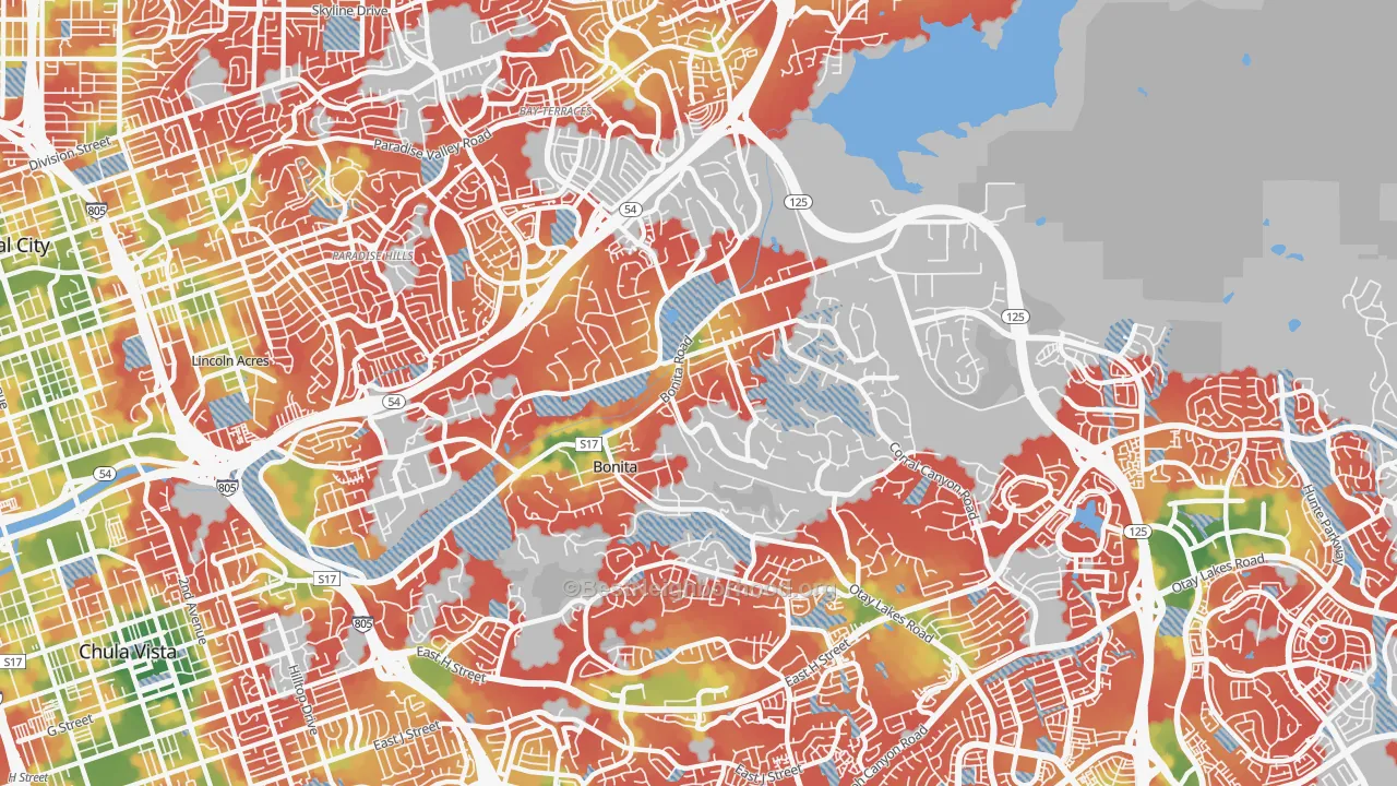 Walk Grade map of 91902, CA, walkable areas in green and car-dependent areas in red