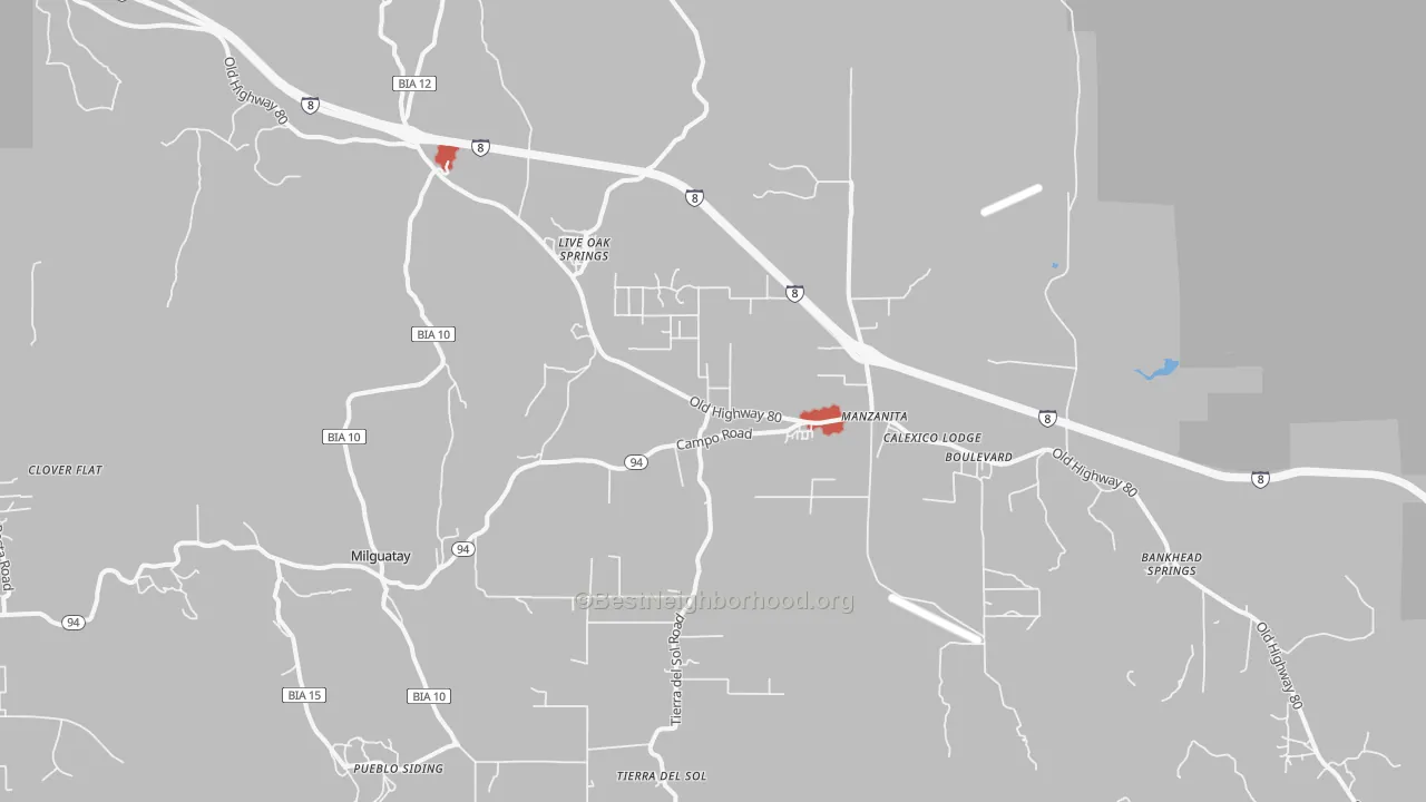 Walk Grade map of 91905, CA, walkable areas in green and car-dependent areas in red