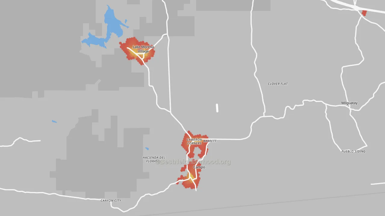 Walk Grade map of 91906, CA, walkable areas in green and car-dependent areas in red