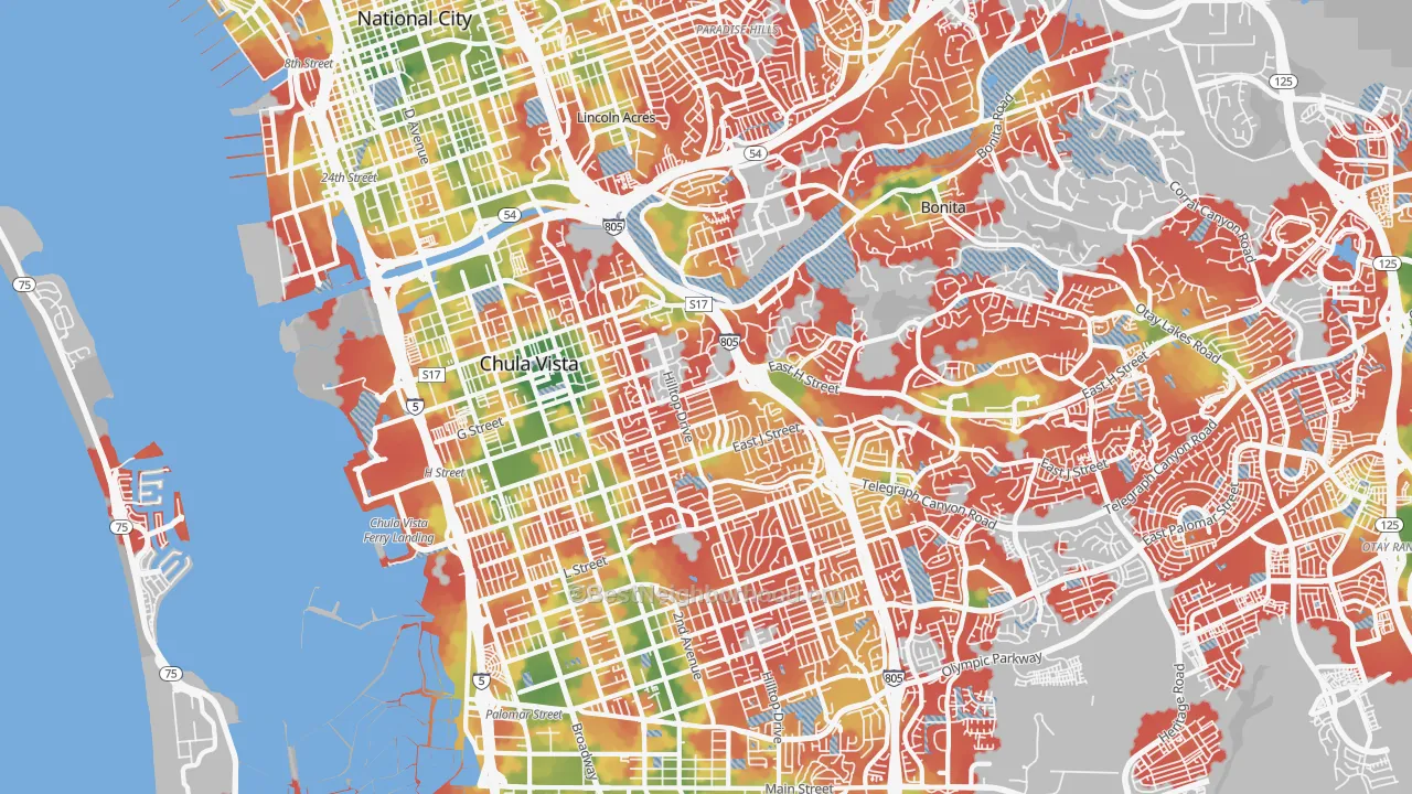 Walk Grade map of 91910, CA, walkable areas in green and car-dependent areas in red