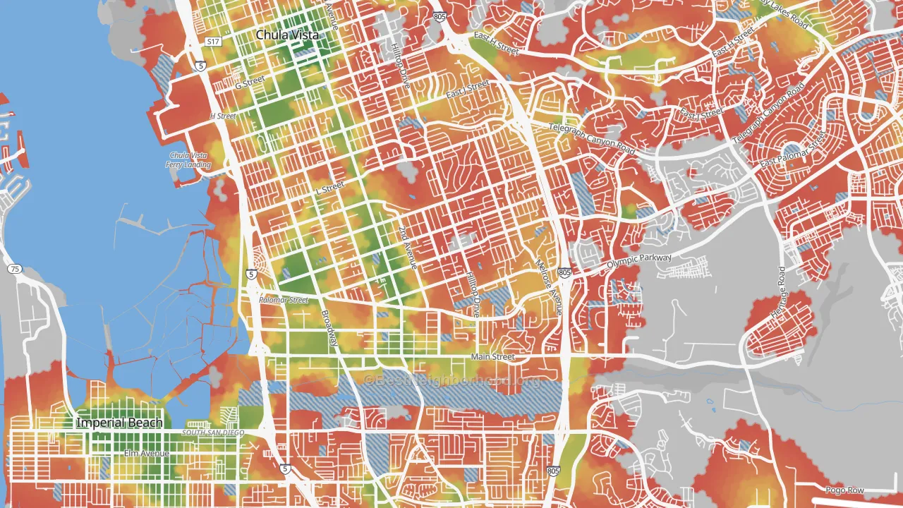 Walk Grade map of 91911, CA, walkable areas in green and car-dependent areas in red
