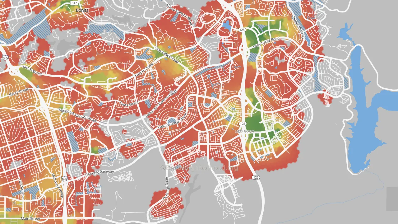 Walk Grade map of 91913, CA, walkable areas in green and car-dependent areas in red