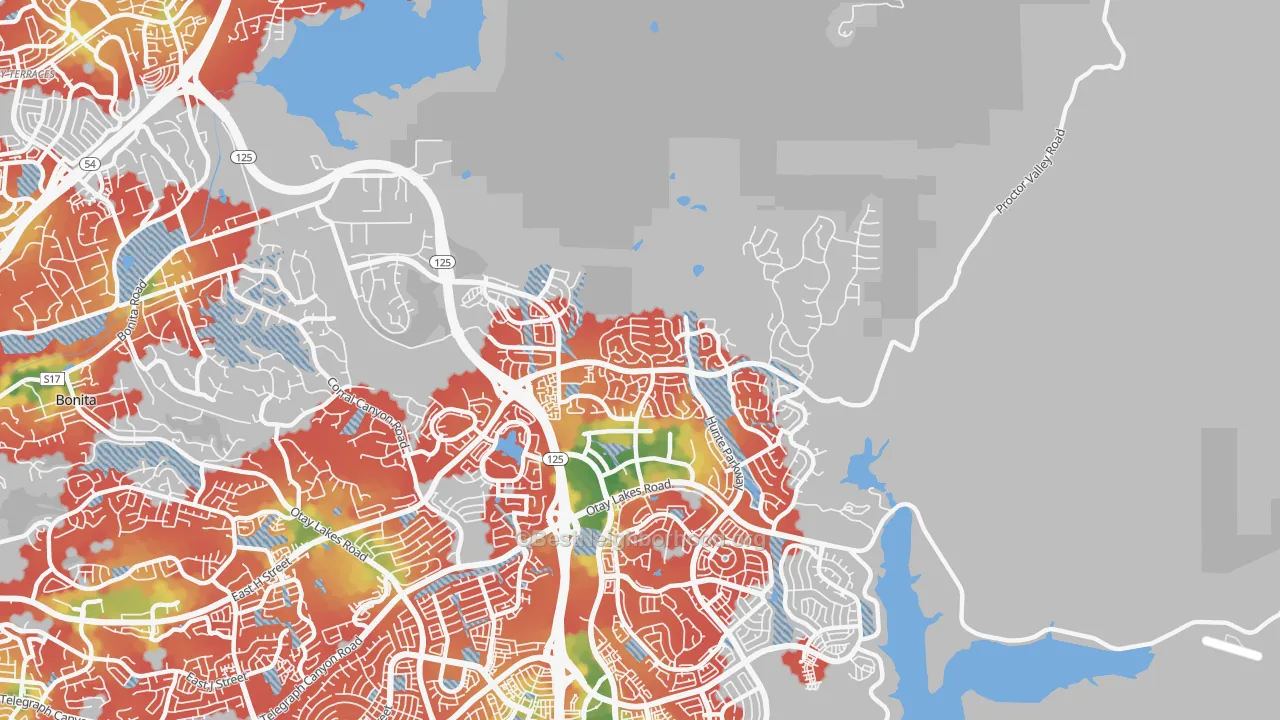 Walk Grade map of 91914, CA, walkable areas in green and car-dependent areas in red