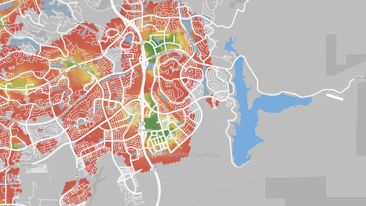 Walk Grade map of 91915, CA, walkable areas in green and car-dependent areas in red