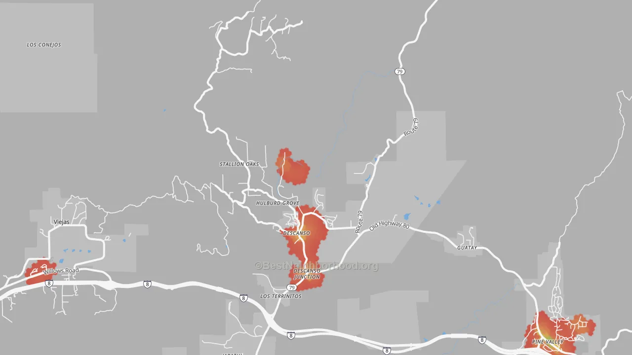 Walk Grade map of 91916, CA, walkable areas in green and car-dependent areas in red