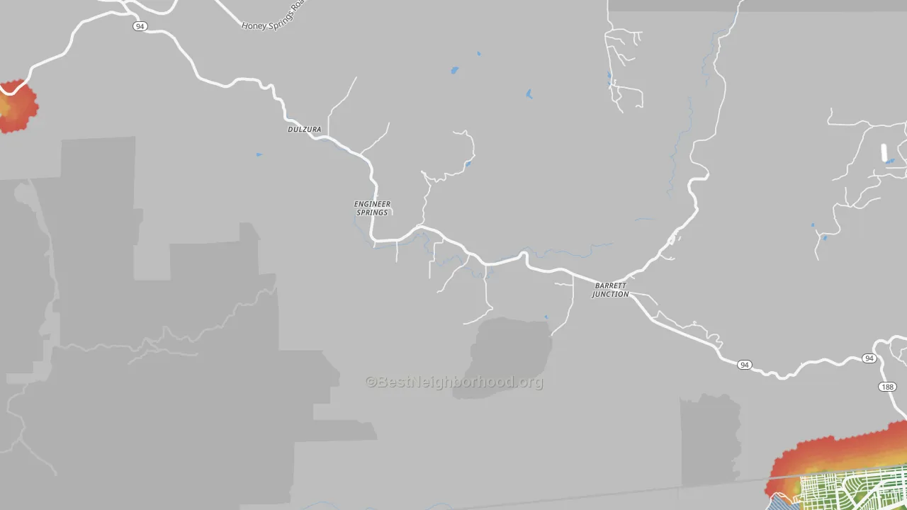 Walk Grade map of 91917, CA, walkable areas in green and car-dependent areas in red