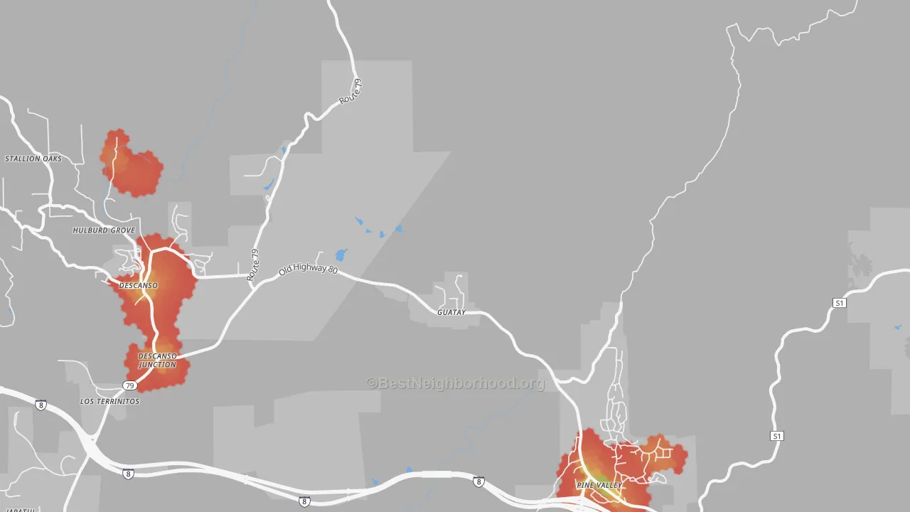 Walk Grade map of 91931, CA, walkable areas in green and car-dependent areas in red
