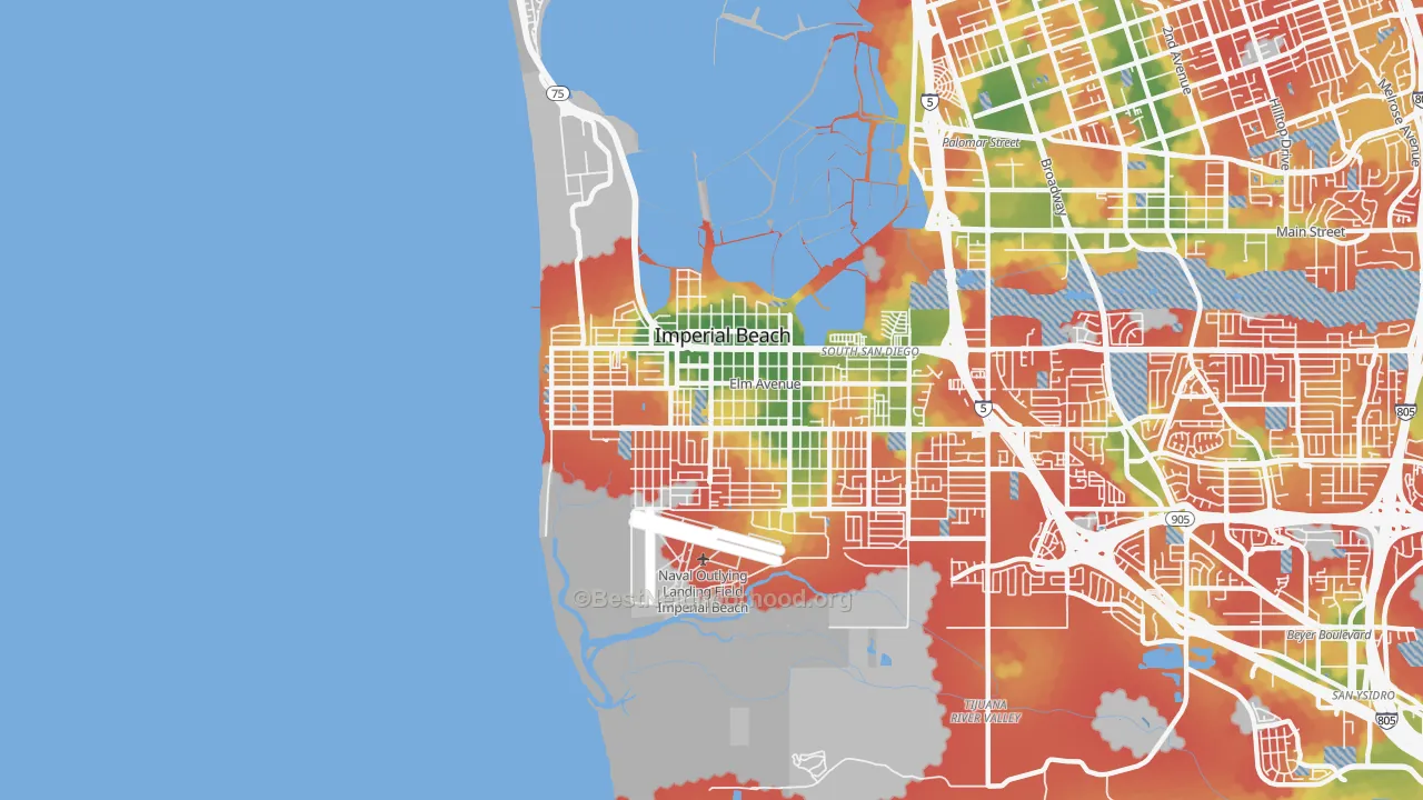 Walk Grade map of 91932, CA, walkable areas in green and car-dependent areas in red