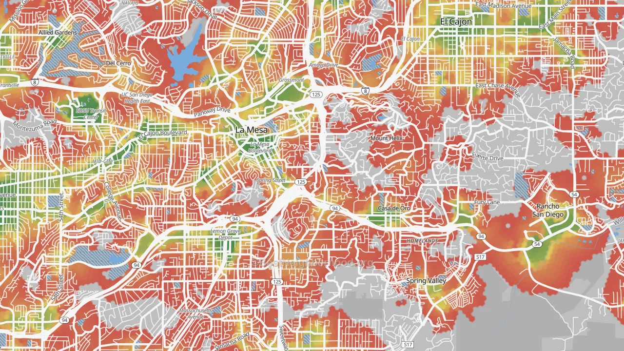 Walk Grade map of 91941, CA, walkable areas in green and car-dependent areas in red