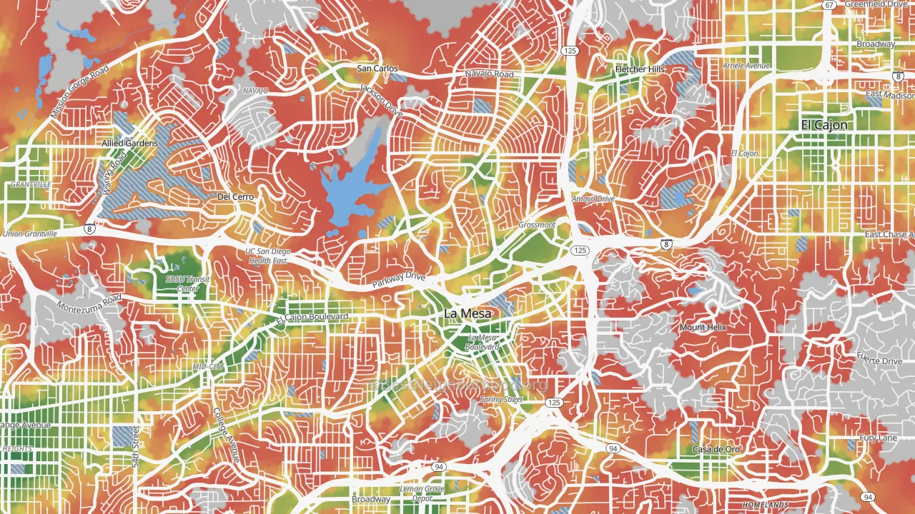 Walk Grade map of 91942, CA, walkable areas in green and car-dependent areas in red