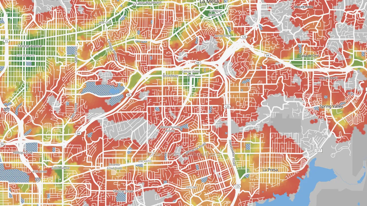 Walk Grade map of 91945, CA, walkable areas in green and car-dependent areas in red