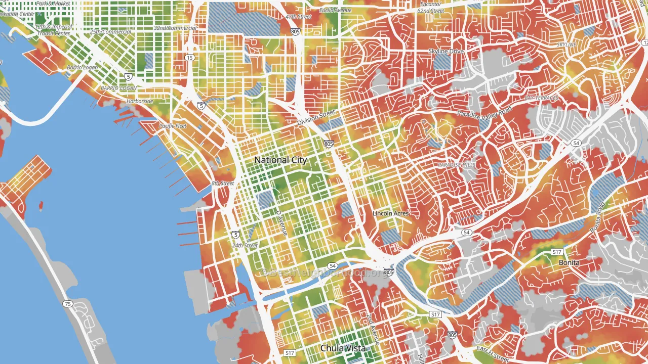 Walk Grade map of 91950, CA, walkable areas in green and car-dependent areas in red