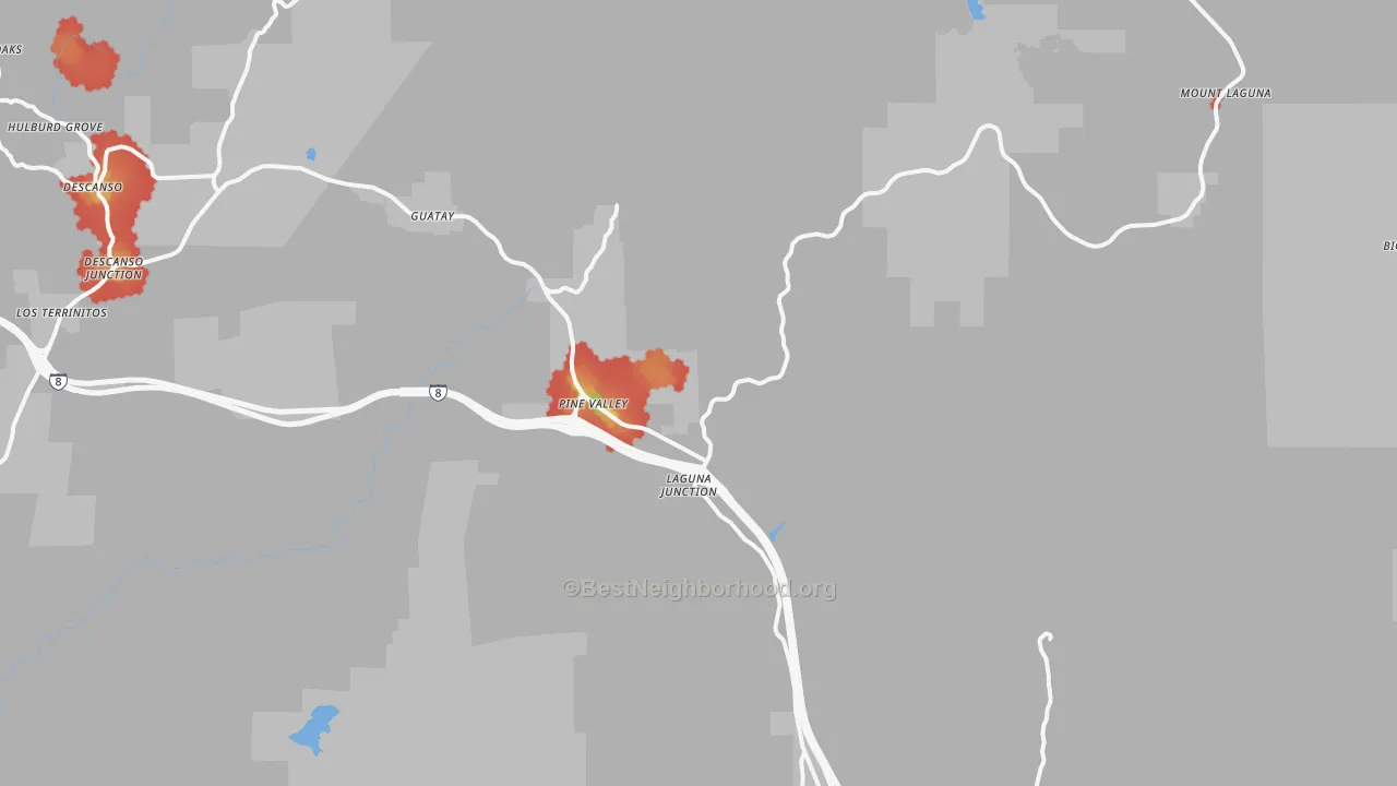 Walk Grade map of 91962, CA, walkable areas in green and car-dependent areas in red