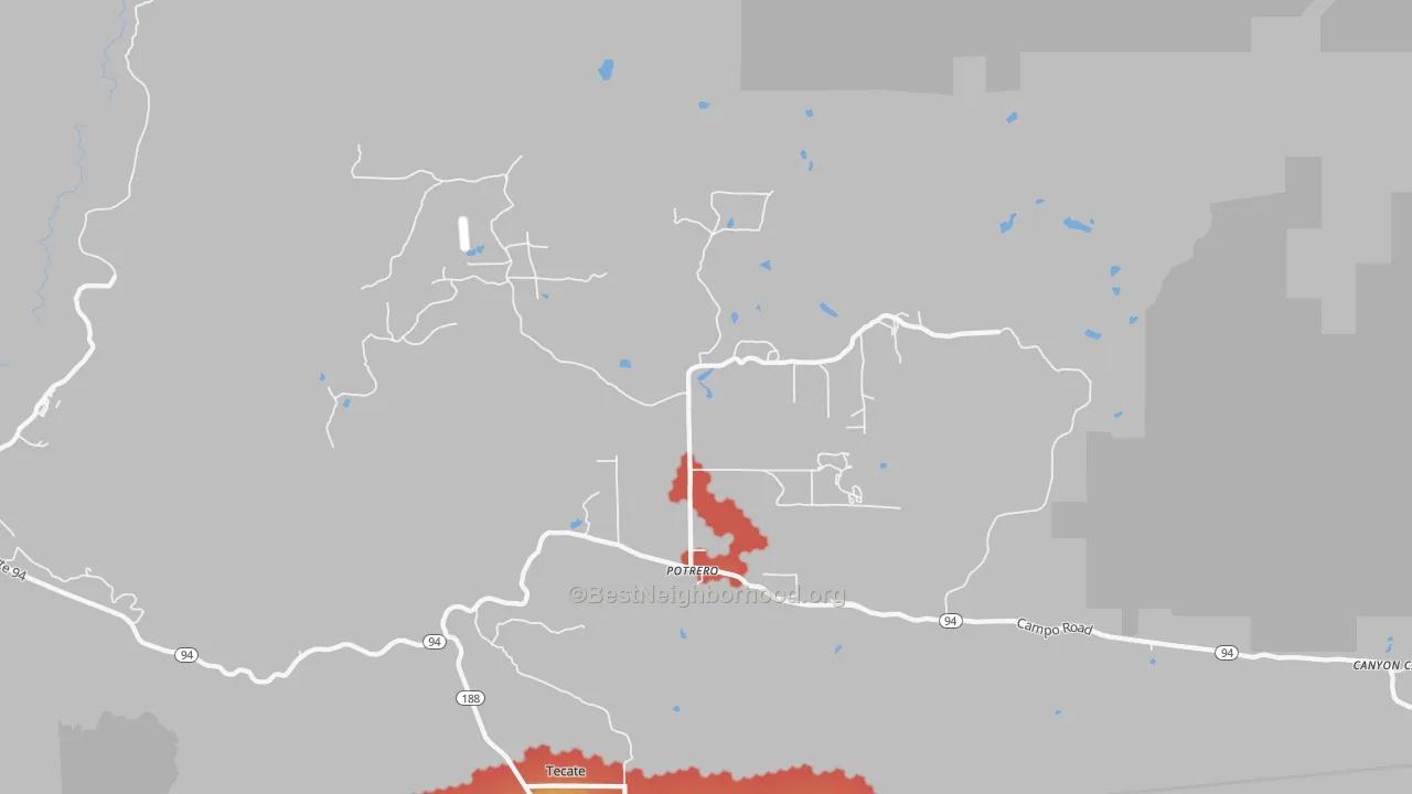 Walk Grade map of 91963, CA, walkable areas in green and car-dependent areas in red