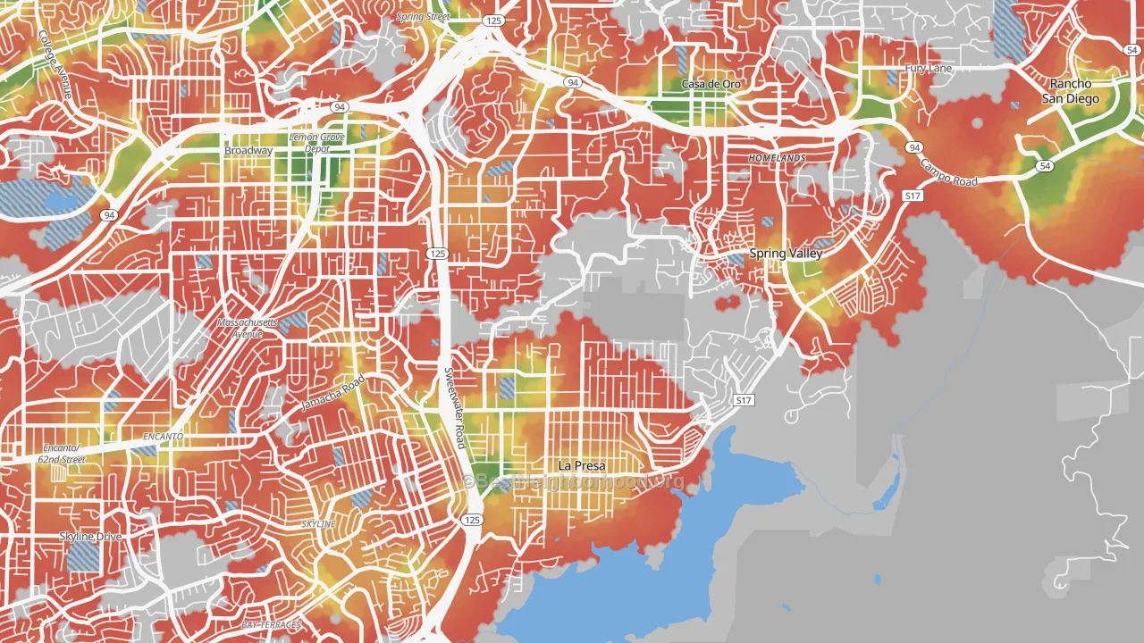 Walk Grade map of 91977, CA, walkable areas in green and car-dependent areas in red