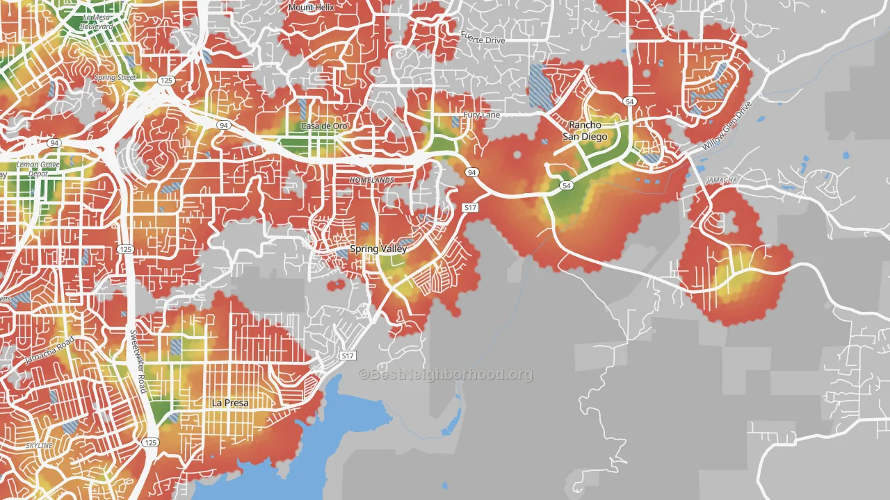 Walk Grade map of 91978, CA, walkable areas in green and car-dependent areas in red